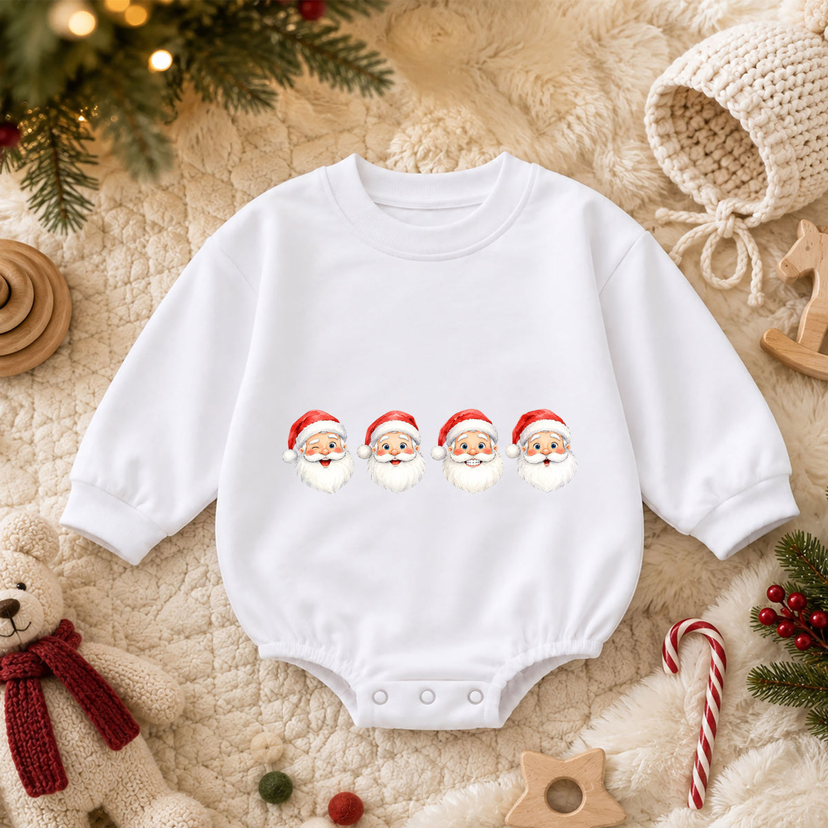 Santa Faces Christmas Baby Romper, Cute Santa Holiday Outfit, Baby First Christmas Clothes, Toddler Xmas Gift — product view 3
