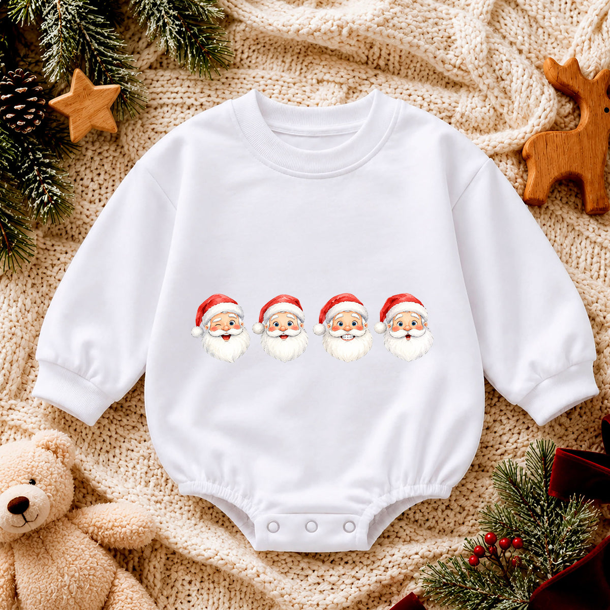 Santa Faces Christmas Baby Romper, Cute Santa Holiday Outfit, Baby First Christmas Clothes, Toddler Xmas Gift — product view 4