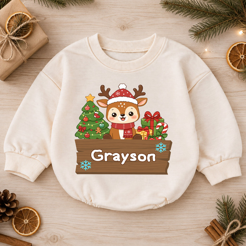 Custom Name Reindeer Christmas Baby Romper, Personalized Holiday Outfit, Cute 1st Christmas Gift and Baby Keepsake for Baby — product view 1