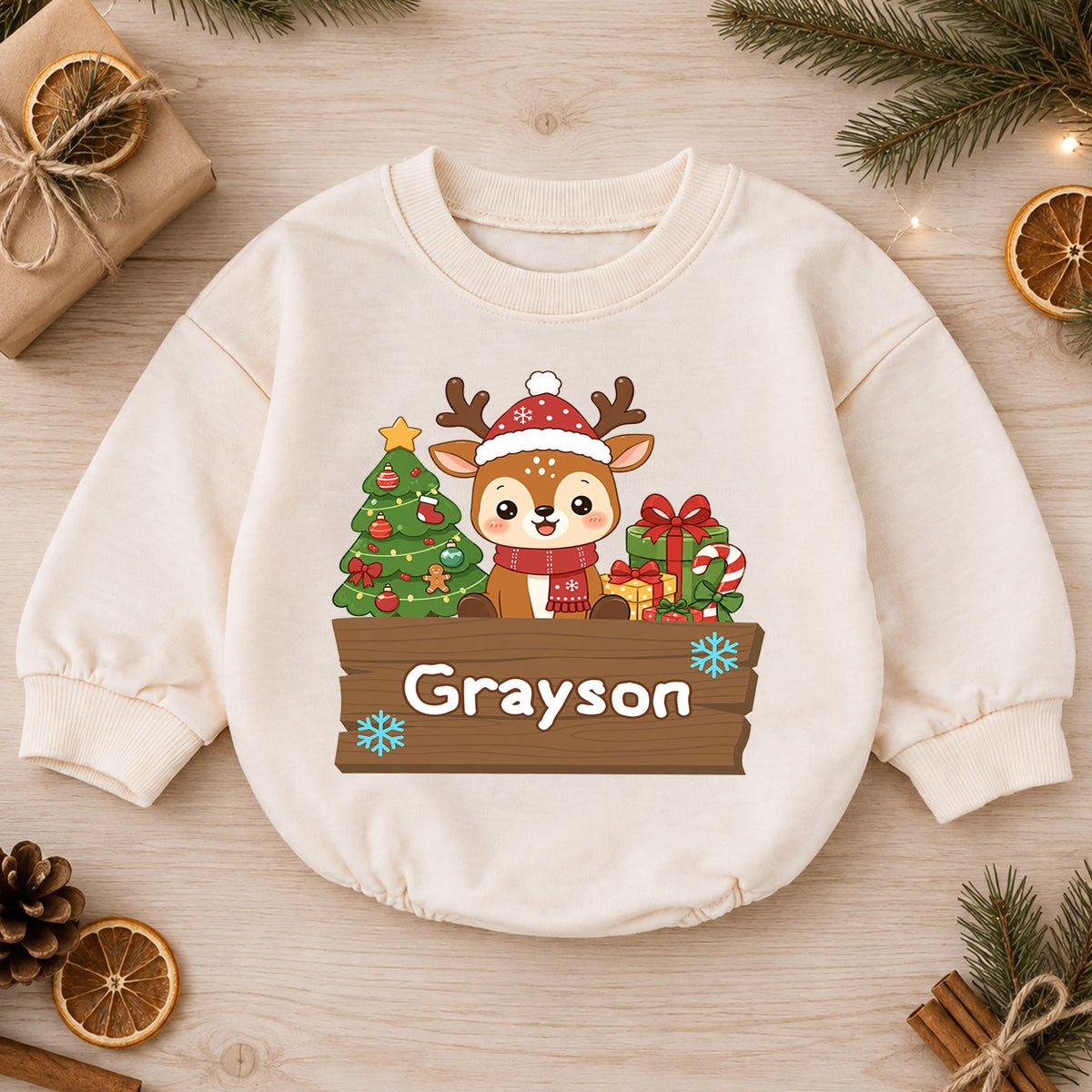 Custom Name Reindeer Christmas Baby Romper, Personalized Holiday Outfit, Cute 1st Christmas Gift and Baby Keepsake for Baby — product view 1