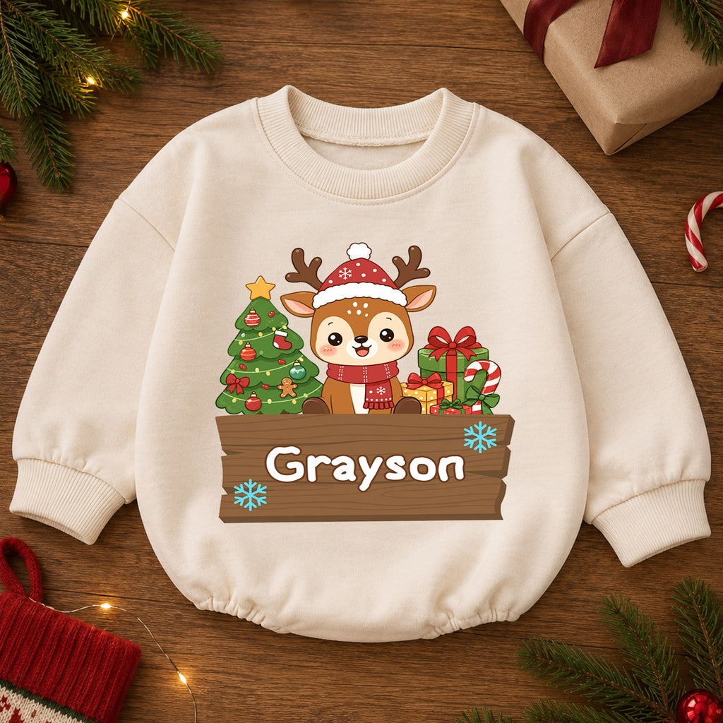 Custom Name Reindeer Christmas Baby Romper, Personalized Holiday Outfit, Cute 1st Christmas Gift and Baby Keepsake for Baby — product view 2