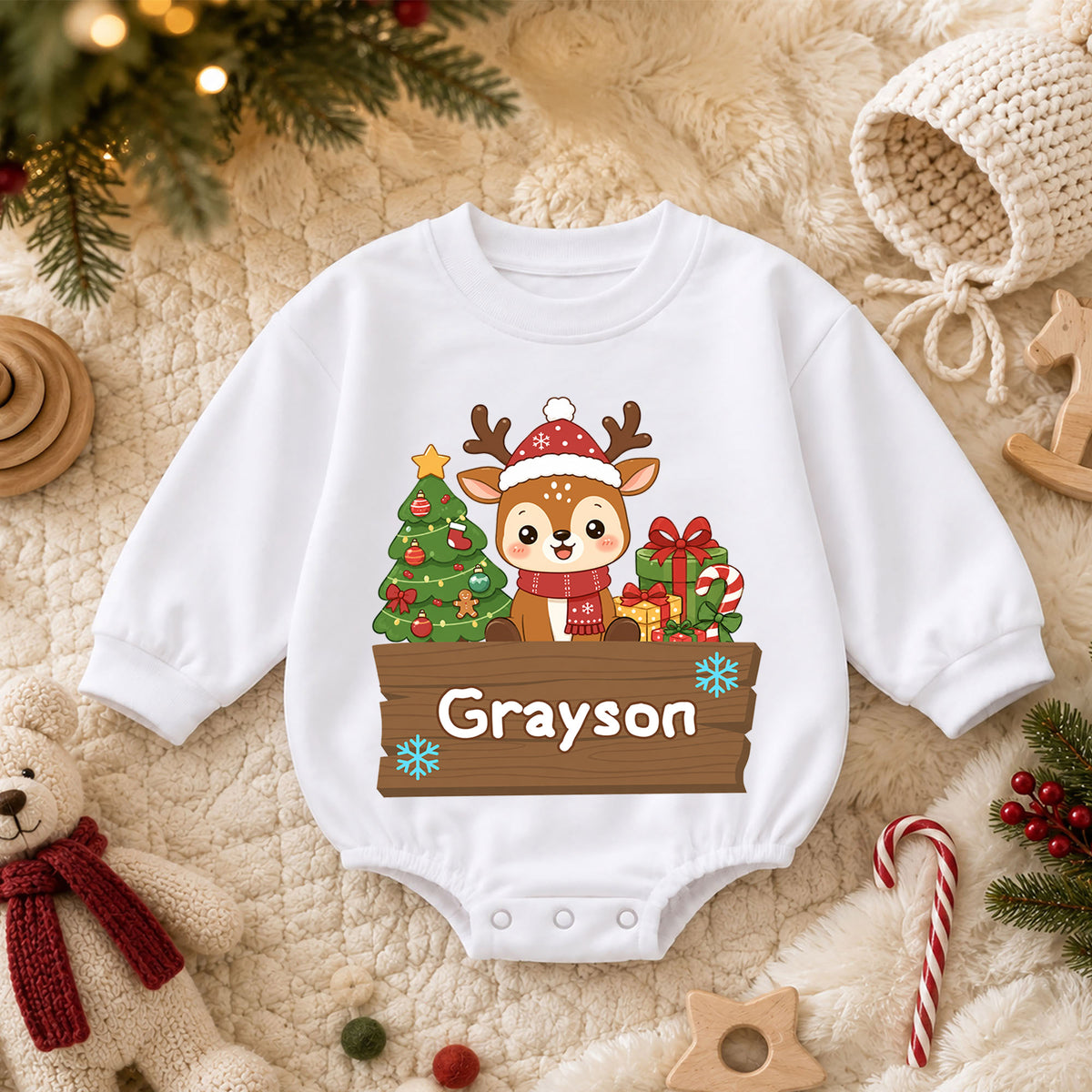 Custom Name Reindeer Christmas Baby Romper, Personalized Holiday Outfit, Cute 1st Christmas Gift and Baby Keepsake for Baby — product view 3