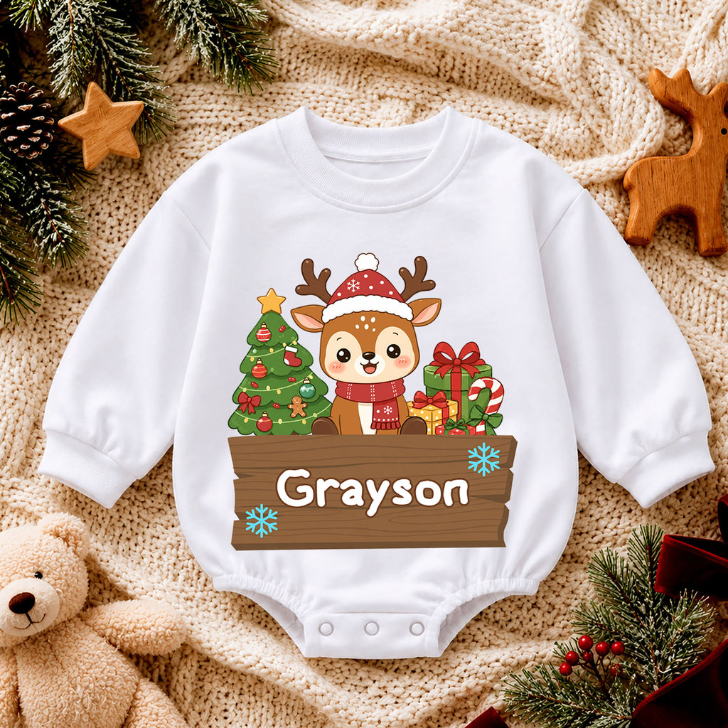 Custom Name Reindeer Christmas Baby Romper, Personalized Holiday Outfit, Cute 1st Christmas Gift and Baby Keepsake for Baby — product view 4
