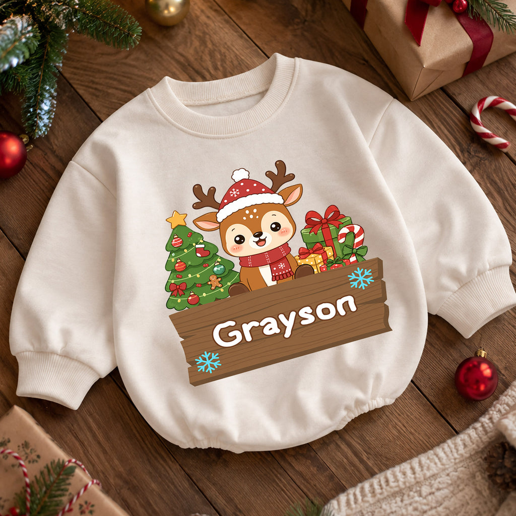 Custom Name Reindeer Christmas Baby Romper, Personalized Holiday Outfit, Cute 1st Christmas Gift and Baby Keepsake for Baby — product view 5