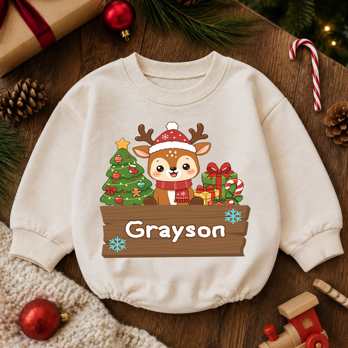 Custom Name Reindeer Christmas Baby Romper, Personalized Holiday Outfit, Cute 1st Christmas Gift and Baby Keepsake for Baby — product view 6