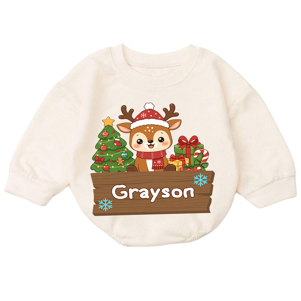 Custom Name Reindeer Christmas Baby Romper, Personalized Holiday Outfit, Cute 1st Christmas Gift and Baby Keepsake for Baby — product view 7