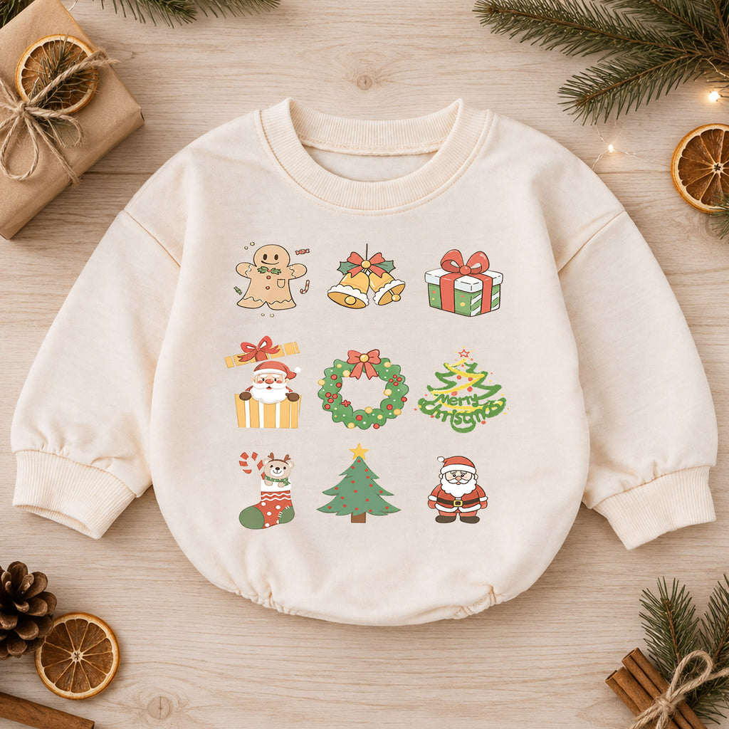 Christmas Icons Baby Romper, Santa Gingerbread Holiday Outfit, Cute Toddler Christmas Clothes, Baby First Xmas Gift — product view 1