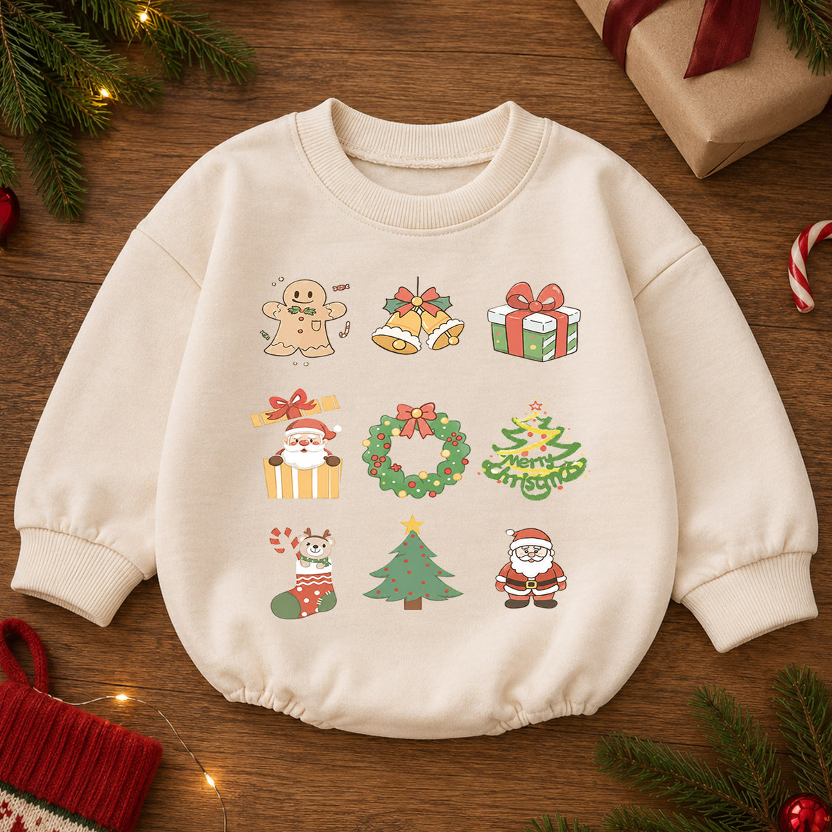 Christmas Icons Baby Romper, Santa Gingerbread Holiday Outfit, Cute Toddler Christmas Clothes, Baby First Xmas Gift — product view 2