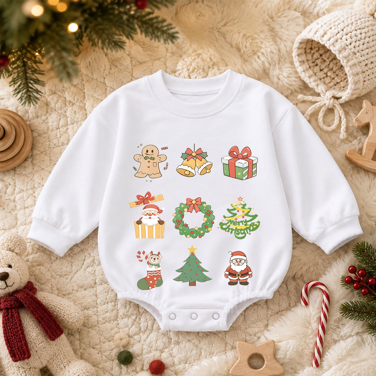 Christmas Icons Baby Romper, Santa Gingerbread Holiday Outfit, Cute Toddler Christmas Clothes, Baby First Xmas Gift — product view 3