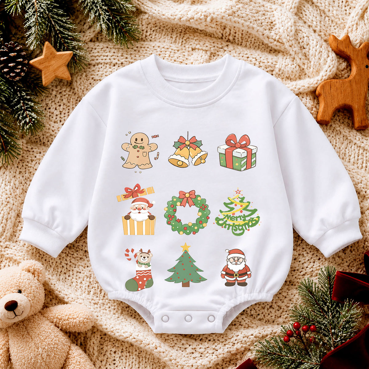 Christmas Icons Baby Romper, Santa Gingerbread Holiday Outfit, Cute Toddler Christmas Clothes, Baby First Xmas Gift — product view 4