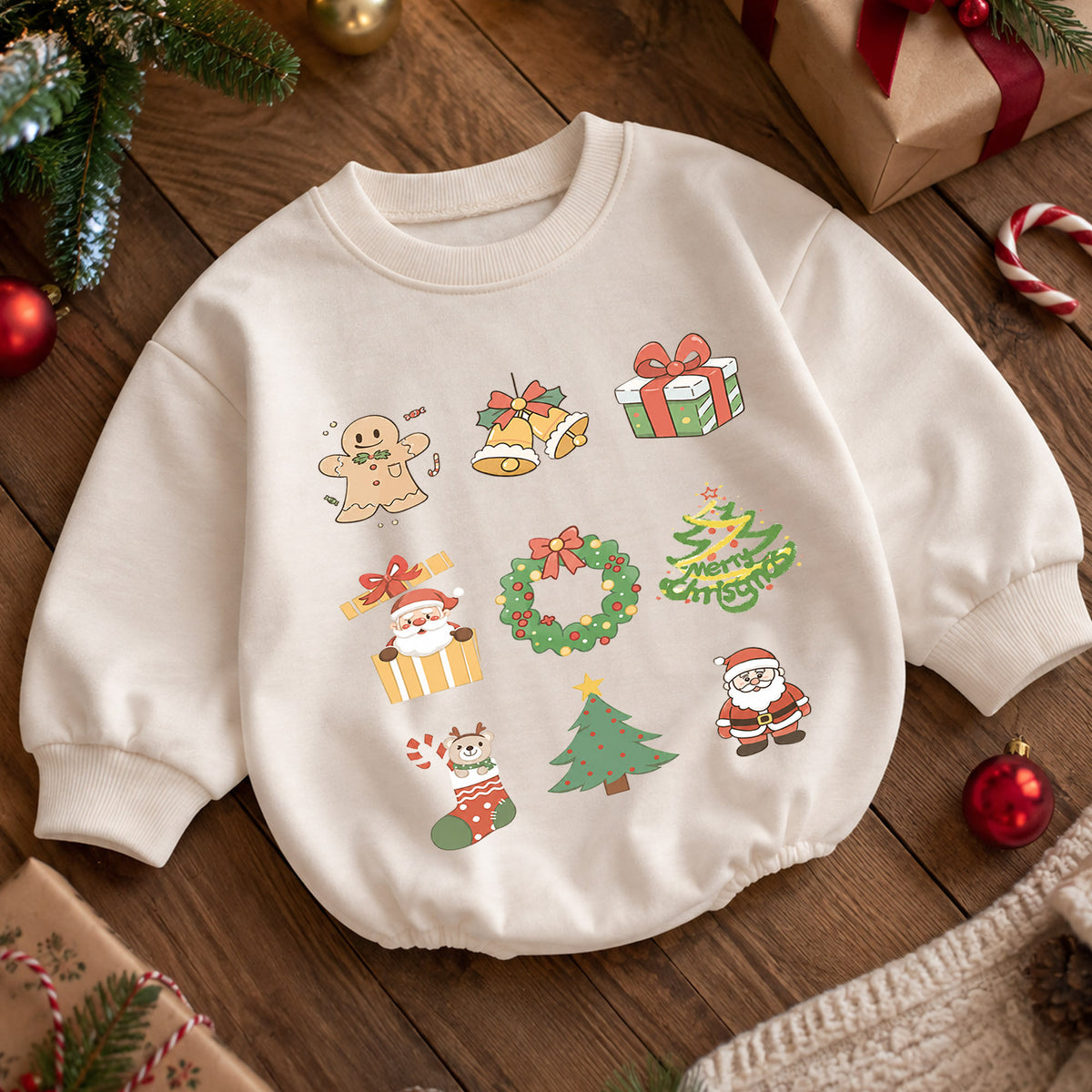 Christmas Icons Baby Romper, Santa Gingerbread Holiday Outfit, Cute Toddler Christmas Clothes, Baby First Xmas Gift — product view 5