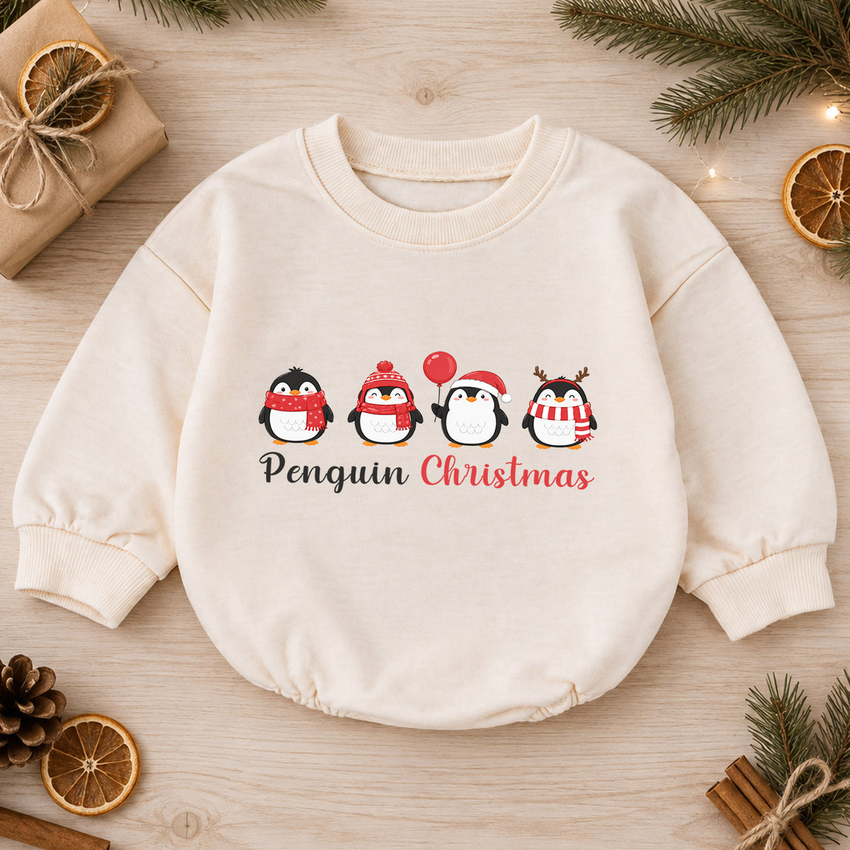 Penguin Christmas Baby Romper, Cute Penguin Holiday Outfit, Baby First Christmas Clothes, Toddler Xmas Winter Gift — product view 1