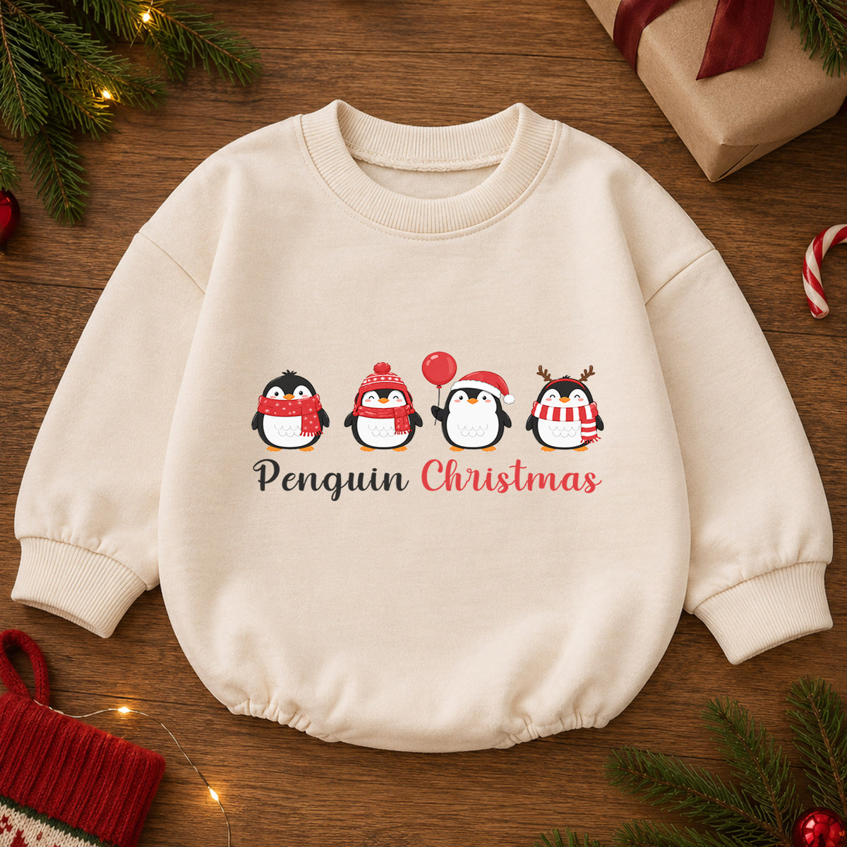 Penguin Christmas Baby Romper, Cute Penguin Holiday Outfit, Baby First Christmas Clothes, Toddler Xmas Winter Gift — product view 2
