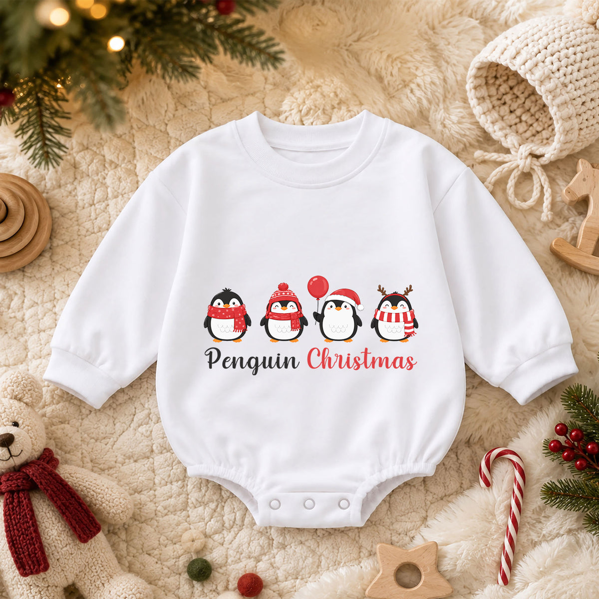 Penguin Christmas Baby Romper, Cute Penguin Holiday Outfit, Baby First Christmas Clothes, Toddler Xmas Winter Gift — product view 3