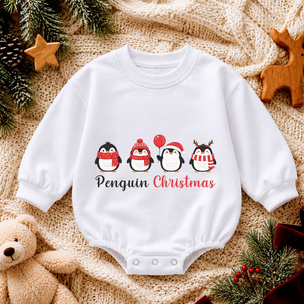 Penguin Christmas Baby Romper, Cute Penguin Holiday Outfit, Baby First Christmas Clothes, Toddler Xmas Winter Gift — product view 4