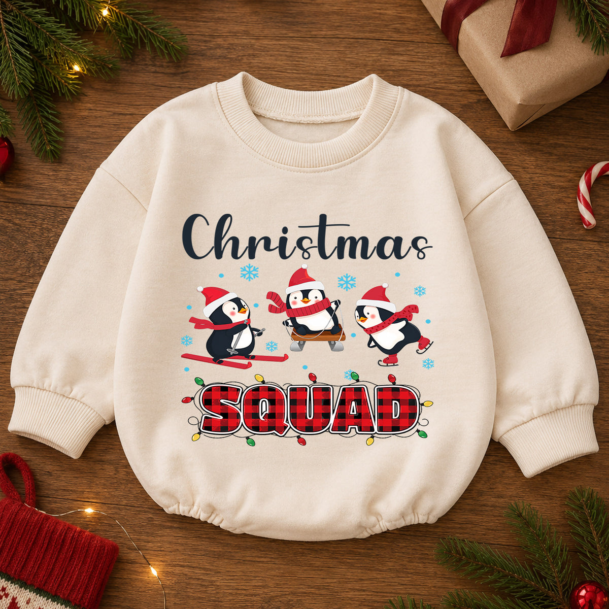 Christmas Squad Baby Romper, Penguin Skiing Christmas Outfit, Cute Winter Toddler Romper, Holiday Baby Xmas Gift — product view 2