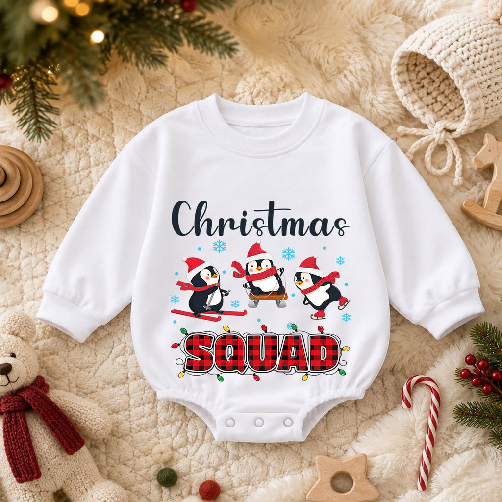 Christmas Squad Baby Romper, Penguin Skiing Christmas Outfit, Cute Winter Toddler Romper, Holiday Baby Xmas Gift — product view 3