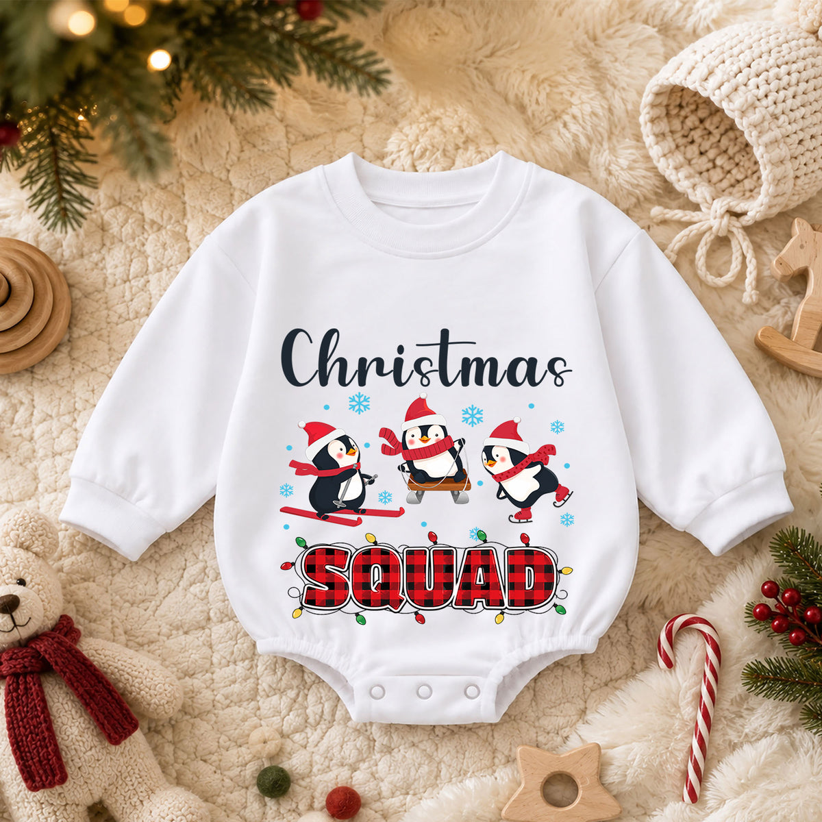 Christmas Squad Baby Romper, Penguin Skiing Christmas Outfit, Cute Winter Toddler Romper, Holiday Baby Xmas Gift — product view 3