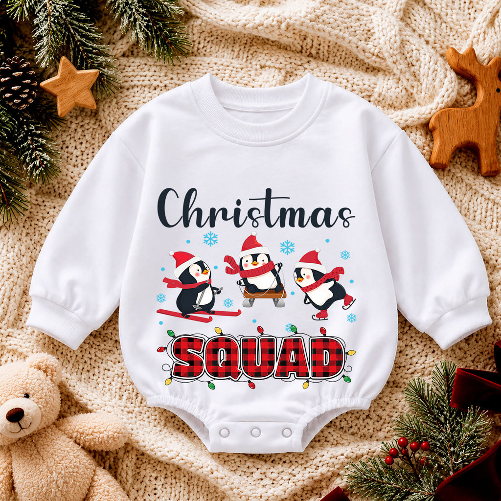 Christmas Squad Baby Romper, Penguin Skiing Christmas Outfit, Cute Winter Toddler Romper, Holiday Baby Xmas Gift — product view 4