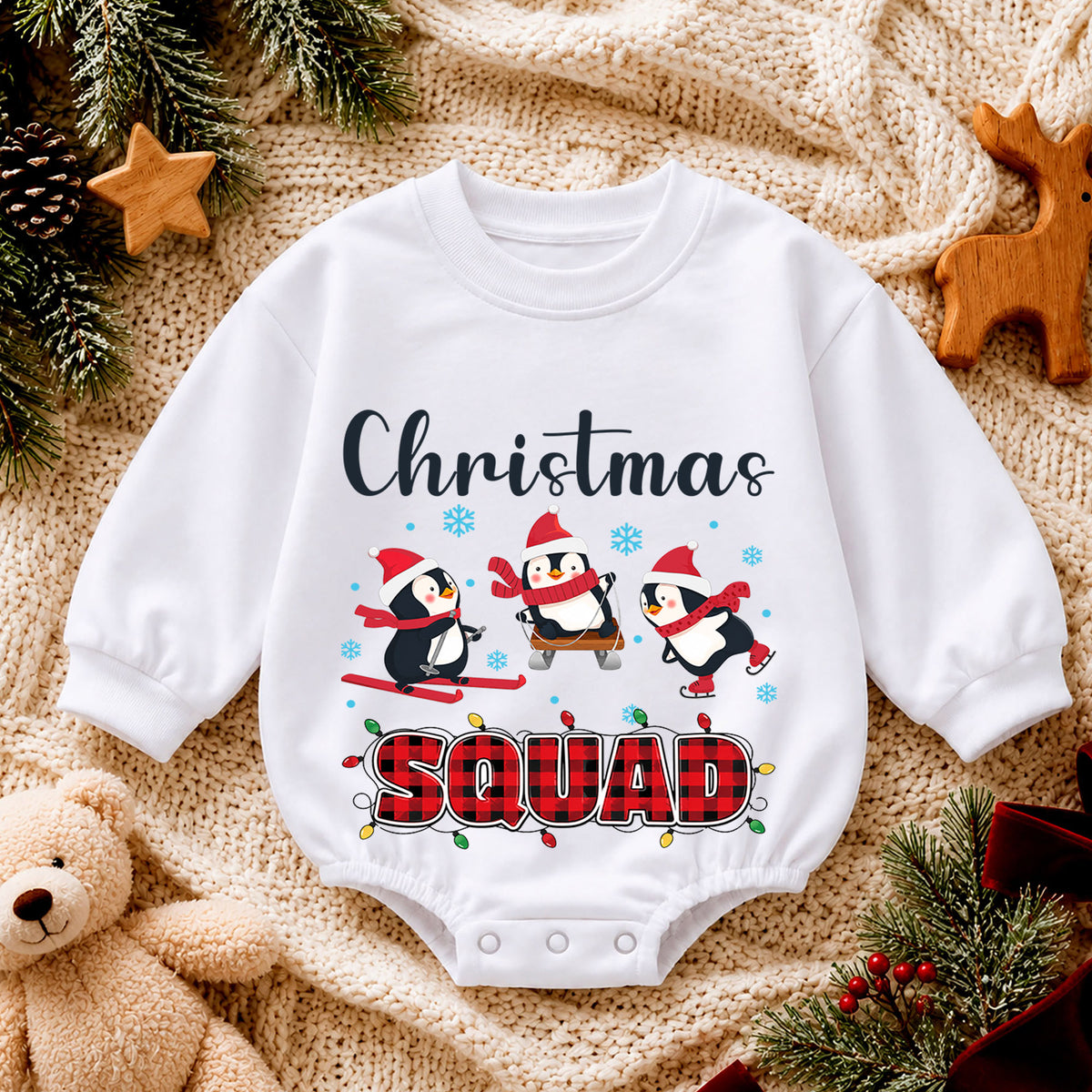 Christmas Squad Baby Romper, Penguin Skiing Christmas Outfit, Cute Winter Toddler Romper, Holiday Baby Xmas Gift — product view 4