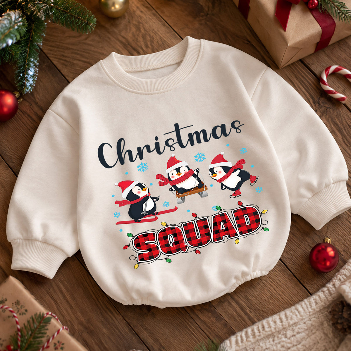 Christmas Squad Baby Romper, Penguin Skiing Christmas Outfit, Cute Winter Toddler Romper, Holiday Baby Xmas Gift — product view 5