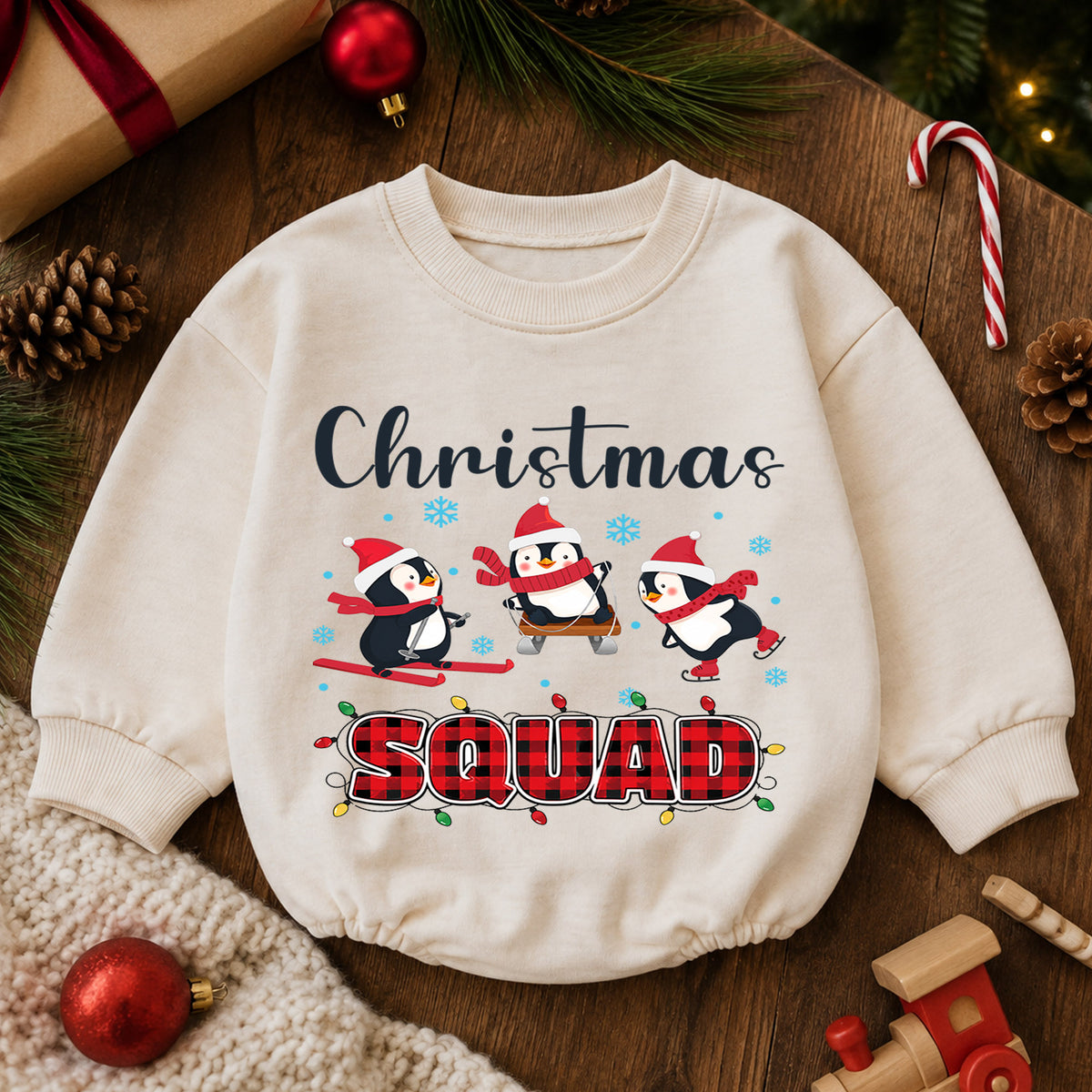 Christmas Squad Baby Romper, Penguin Skiing Christmas Outfit, Cute Winter Toddler Romper, Holiday Baby Xmas Gift — product view 6