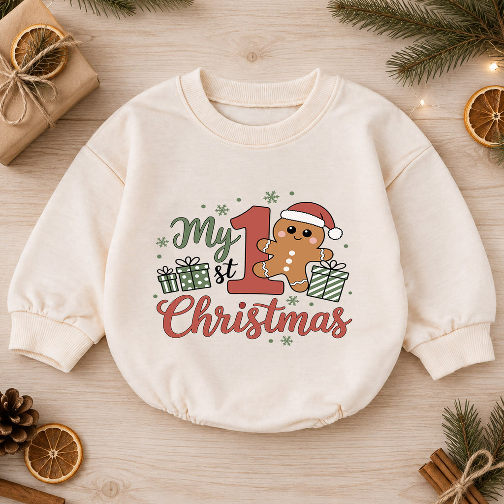 My First Christmas Baby Romper, Cute Gingerbread Holiday Outfit, Christmas Romper, Toddler Xmas Gift, Baby 1st Birthday — product view 1
