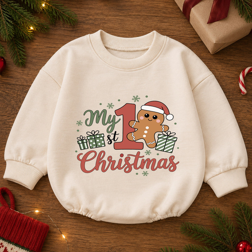 My First Christmas Baby Romper, Cute Gingerbread Holiday Outfit, Christmas Romper, Toddler Xmas Gift, Baby 1st Birthday — product view 2