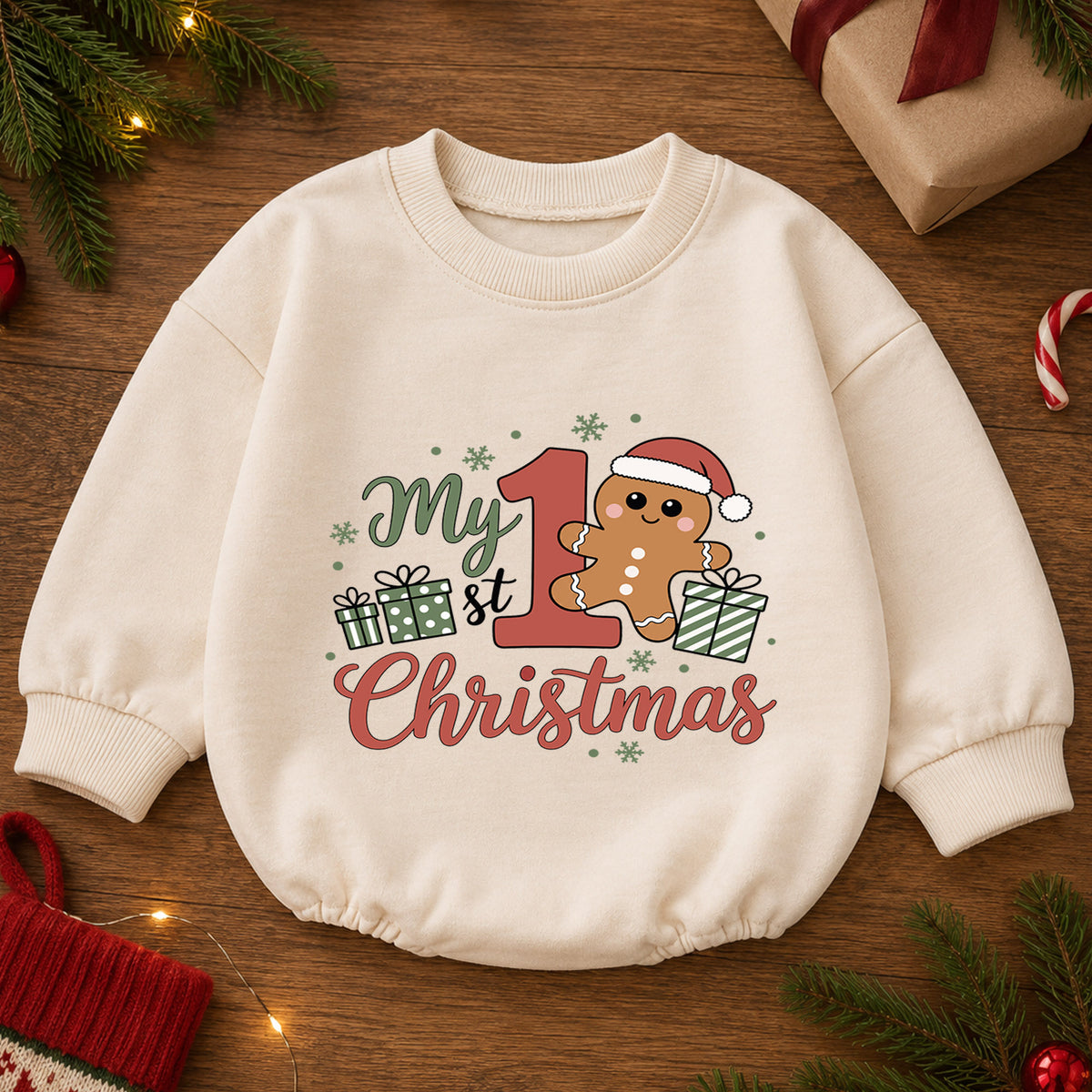 My First Christmas Baby Romper, Cute Gingerbread Holiday Outfit, Christmas Romper, Toddler Xmas Gift, Baby 1st Birthday — product view 2