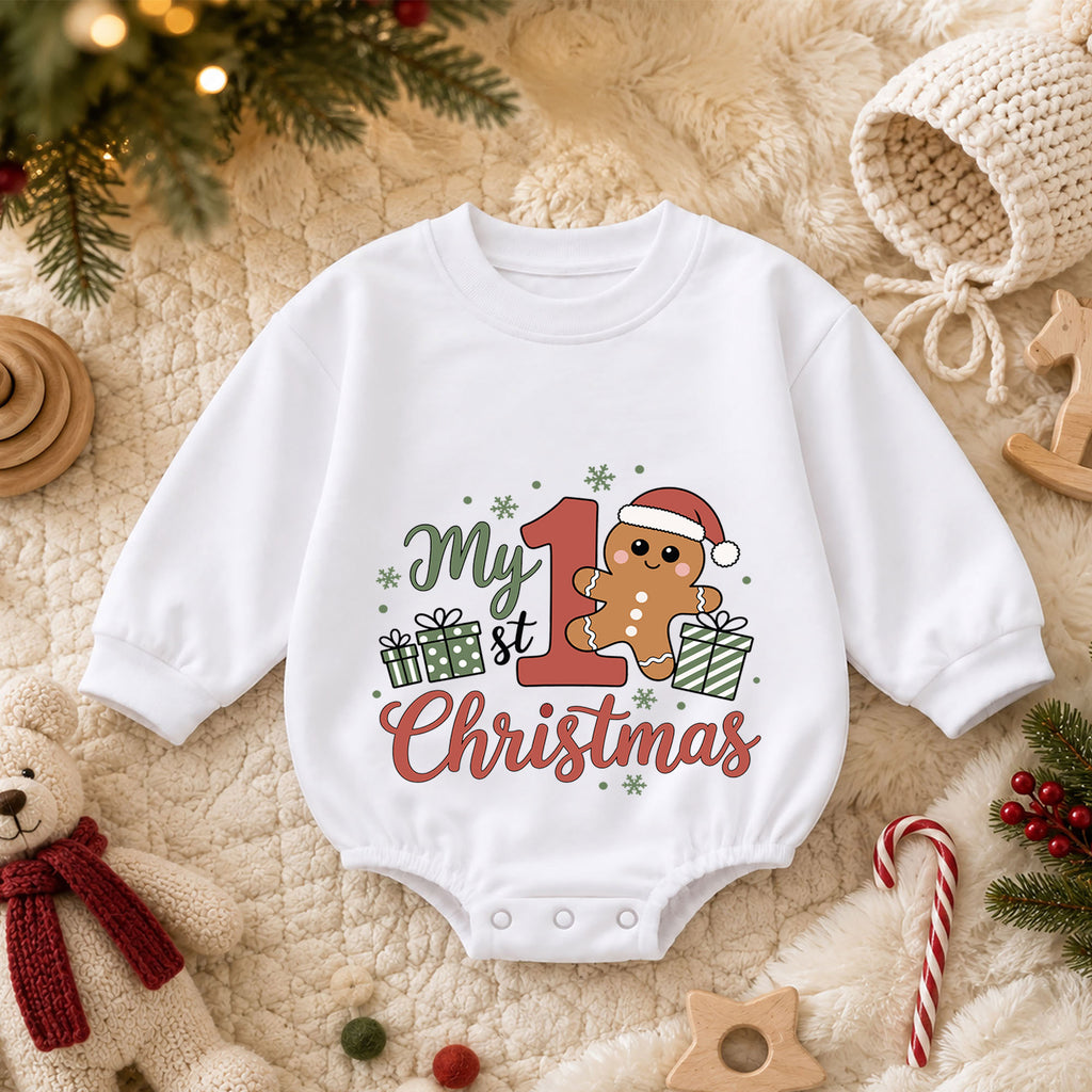 My First Christmas Baby Romper, Cute Gingerbread Holiday Outfit, Christmas Romper, Toddler Xmas Gift, Baby 1st Birthday — product view 3