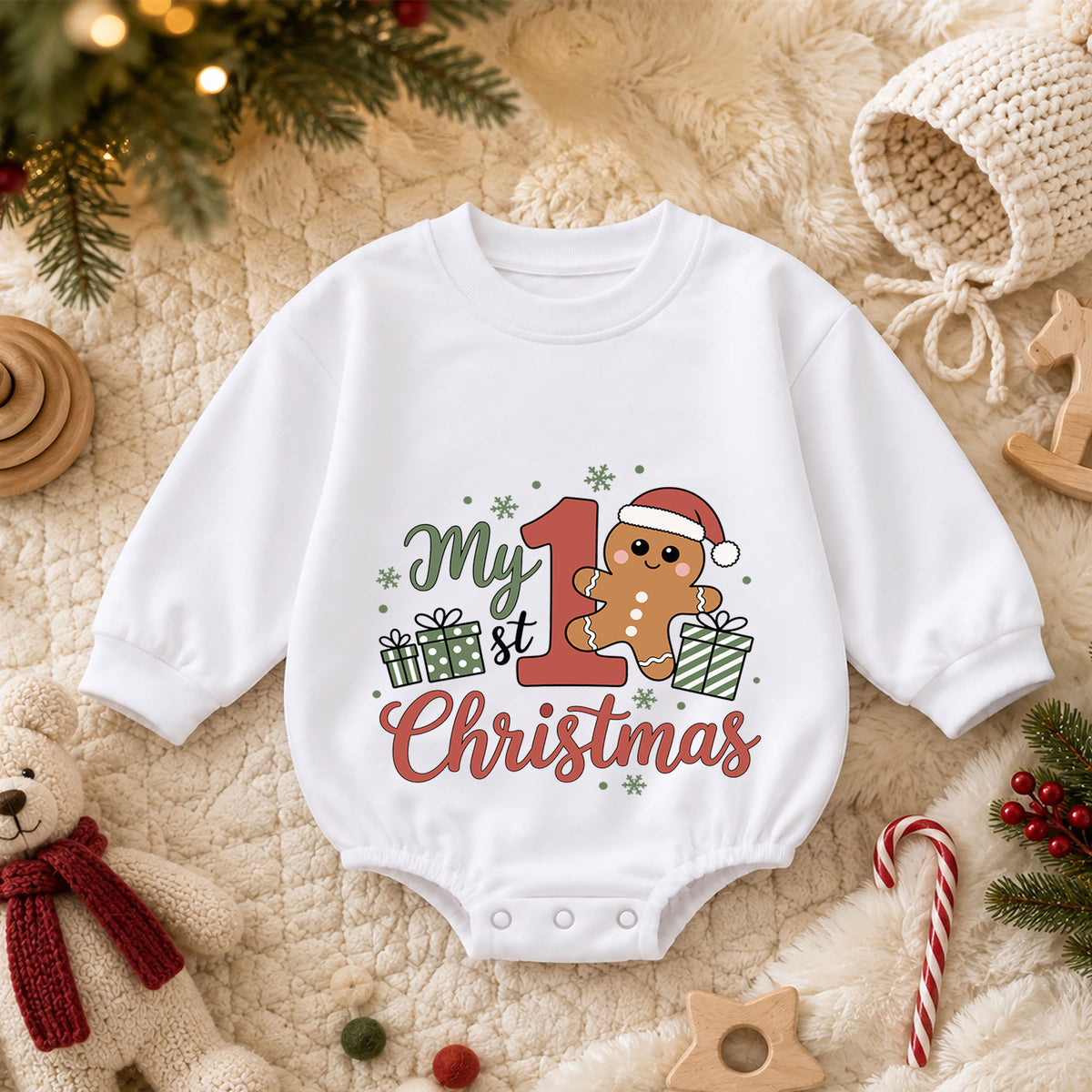 My First Christmas Baby Romper, Cute Gingerbread Holiday Outfit, Christmas Romper, Toddler Xmas Gift, Baby 1st Birthday — product view 3