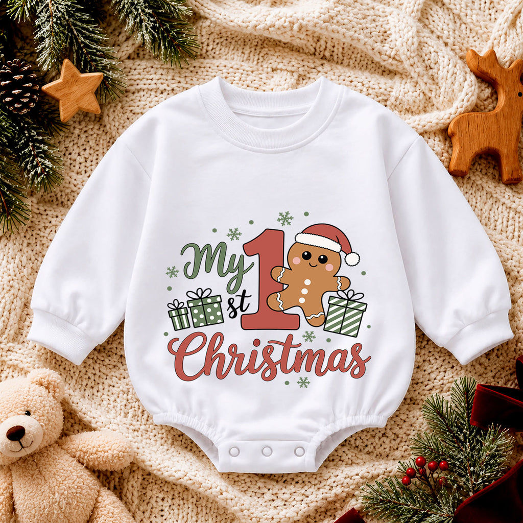 My First Christmas Baby Romper, Cute Gingerbread Holiday Outfit, Christmas Romper, Toddler Xmas Gift, Baby 1st Birthday — product view 4