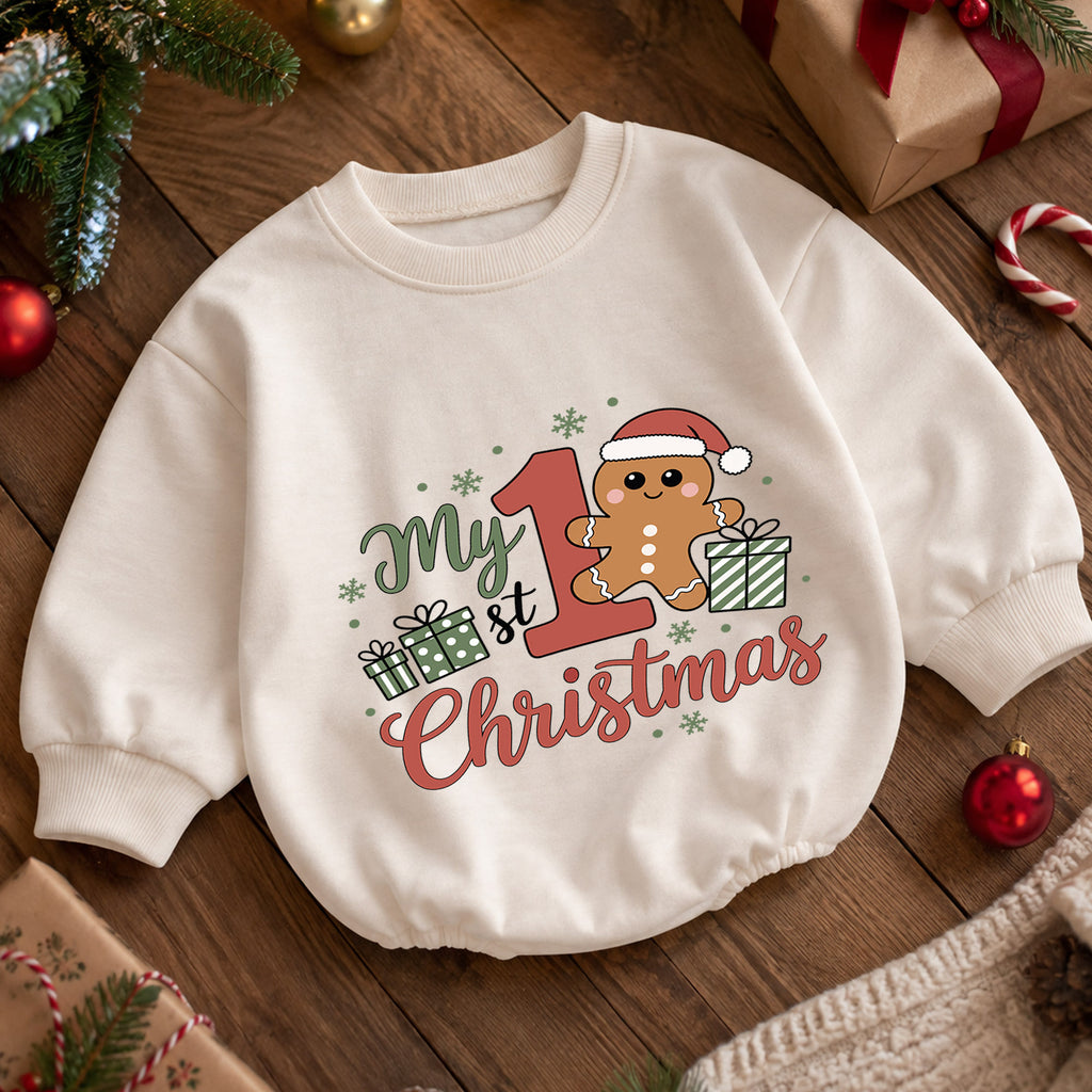 My First Christmas Baby Romper, Cute Gingerbread Holiday Outfit, Christmas Romper, Toddler Xmas Gift, Baby 1st Birthday — product view 5