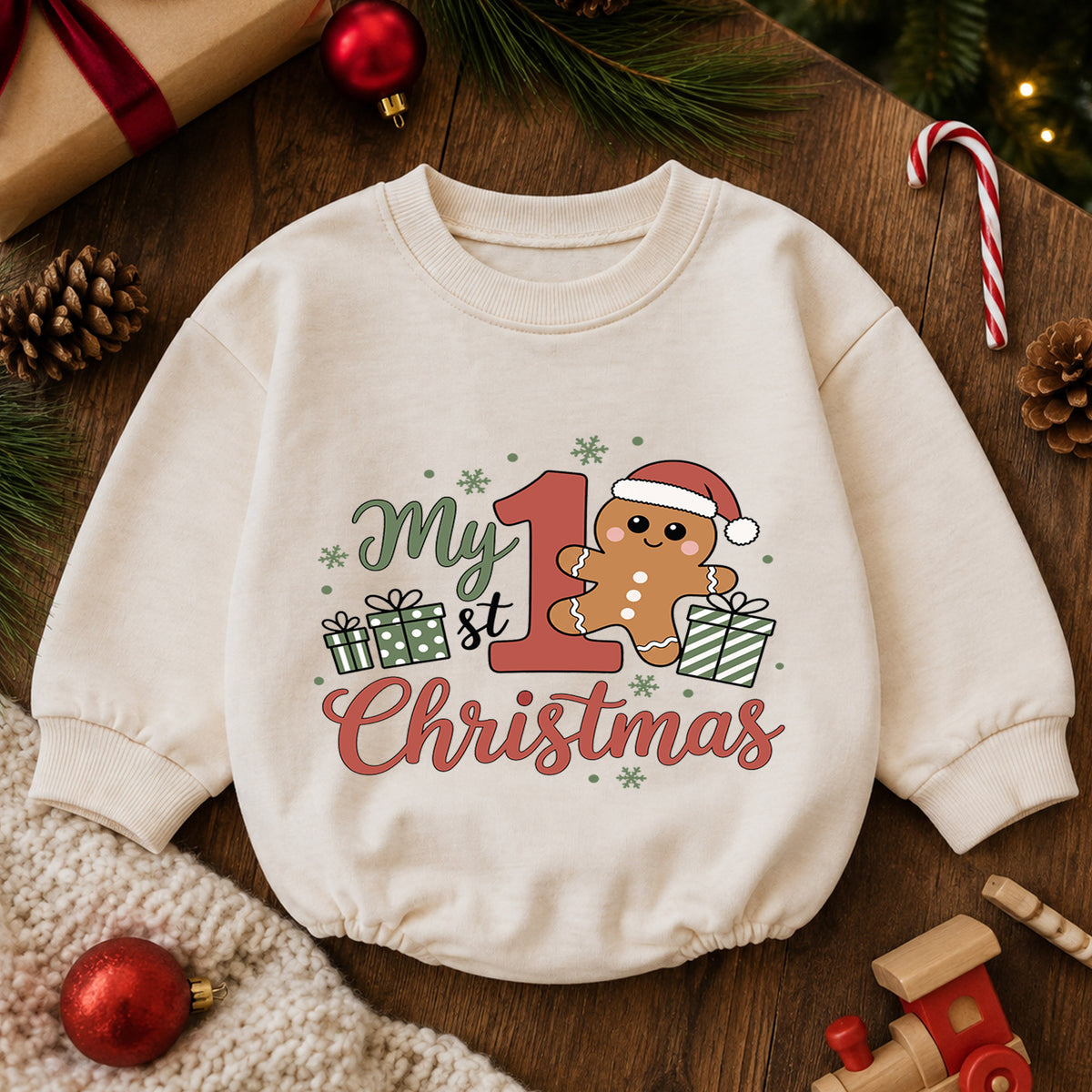 My First Christmas Baby Romper, Cute Gingerbread Holiday Outfit, Christmas Romper, Toddler Xmas Gift, Baby 1st Birthday — product view 6