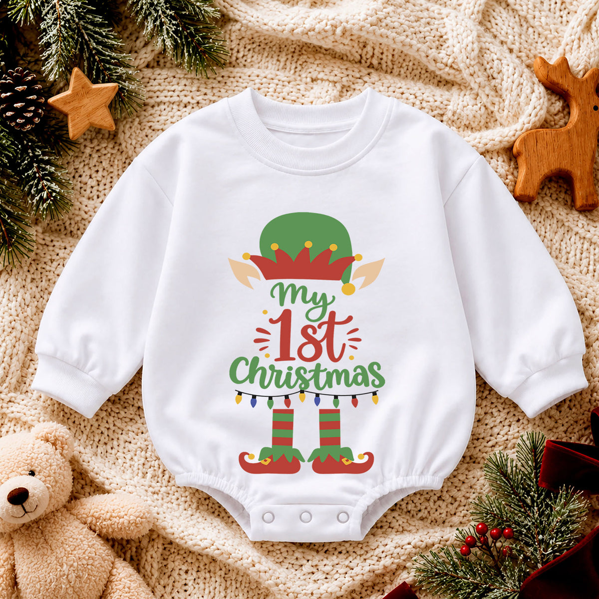 My 1st Christmas Elf Baby Romper, Cute Elf Holiday Outfit, Baby First Christmas Clothes, Toddler Xmas Gift — product view 4