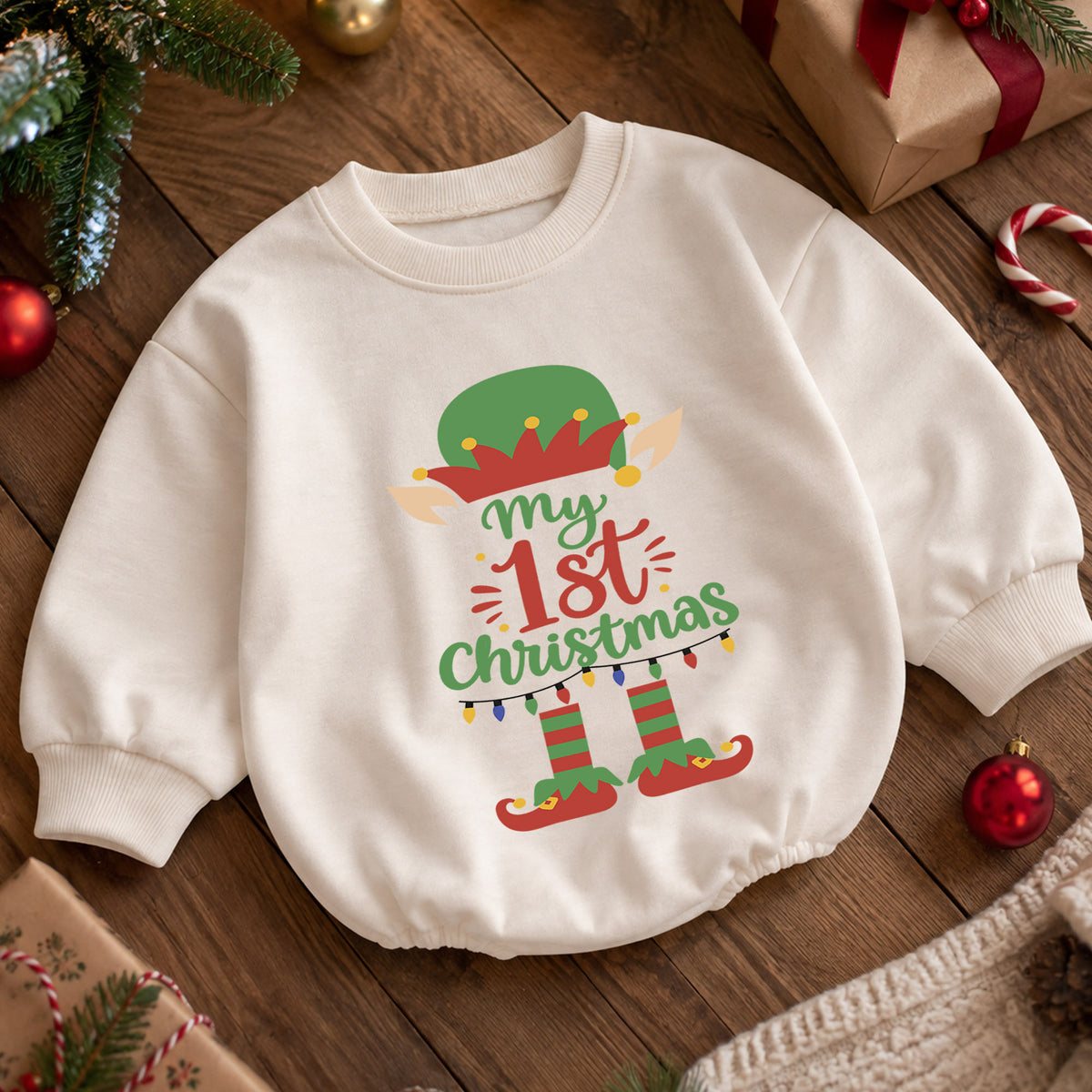 My 1st Christmas Elf Baby Romper, Cute Elf Holiday Outfit, Baby First Christmas Clothes, Toddler Xmas Gift — product view 5