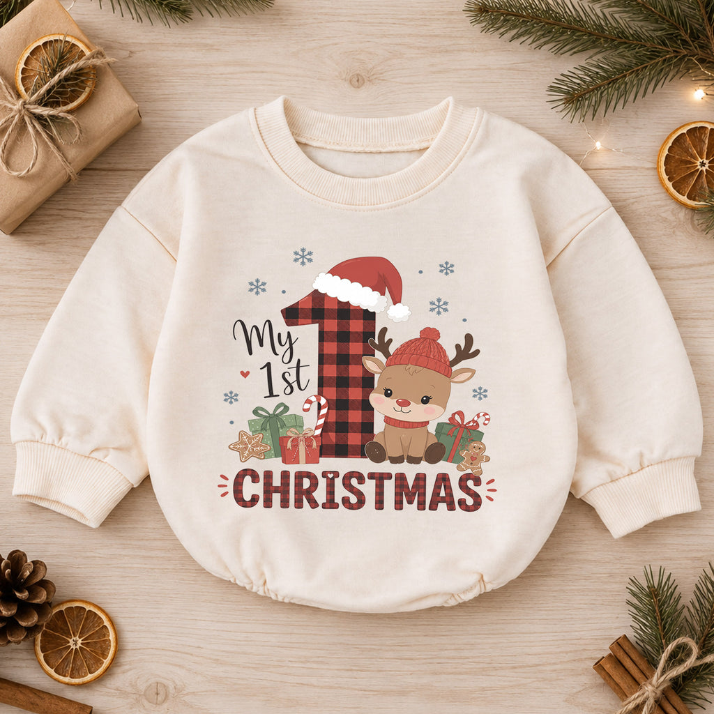 My 1st Christmas Reindeer Baby Romper, Buffalo Plaid Holiday Outfit, Baby First Christmas Clothes, Toddler Xmas Gift — product view 1