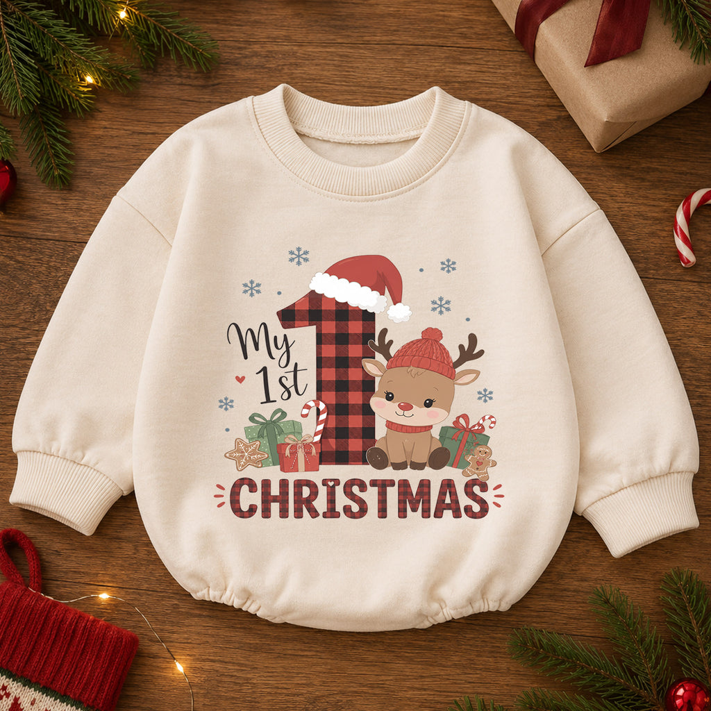 My 1st Christmas Reindeer Baby Romper, Buffalo Plaid Holiday Outfit, Baby First Christmas Clothes, Toddler Xmas Gift — product view 2
