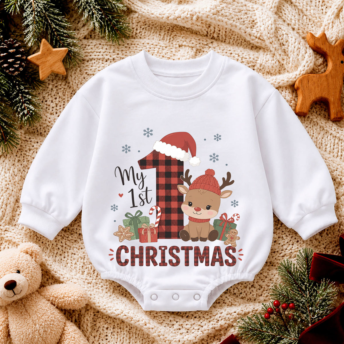 My 1st Christmas Reindeer Baby Romper, Buffalo Plaid Holiday Outfit, Baby First Christmas Clothes, Toddler Xmas Gift — product view 4