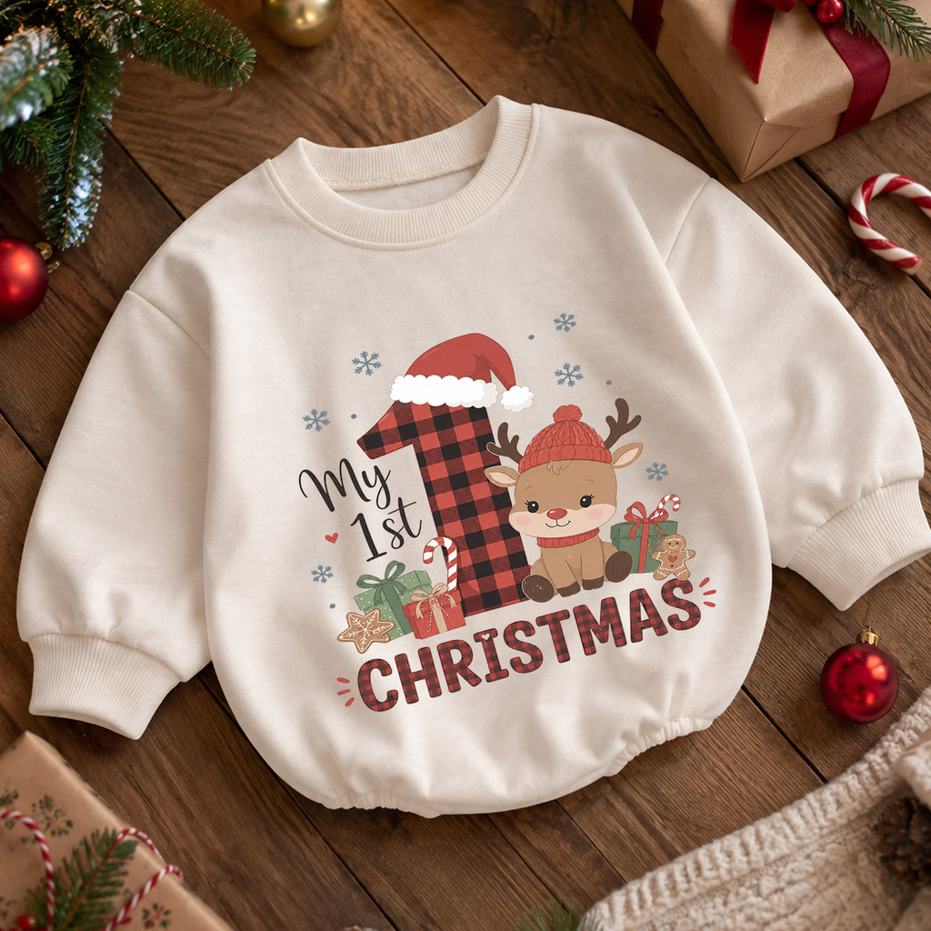 My 1st Christmas Reindeer Baby Romper, Buffalo Plaid Holiday Outfit, Baby First Christmas Clothes, Toddler Xmas Gift — product view 5