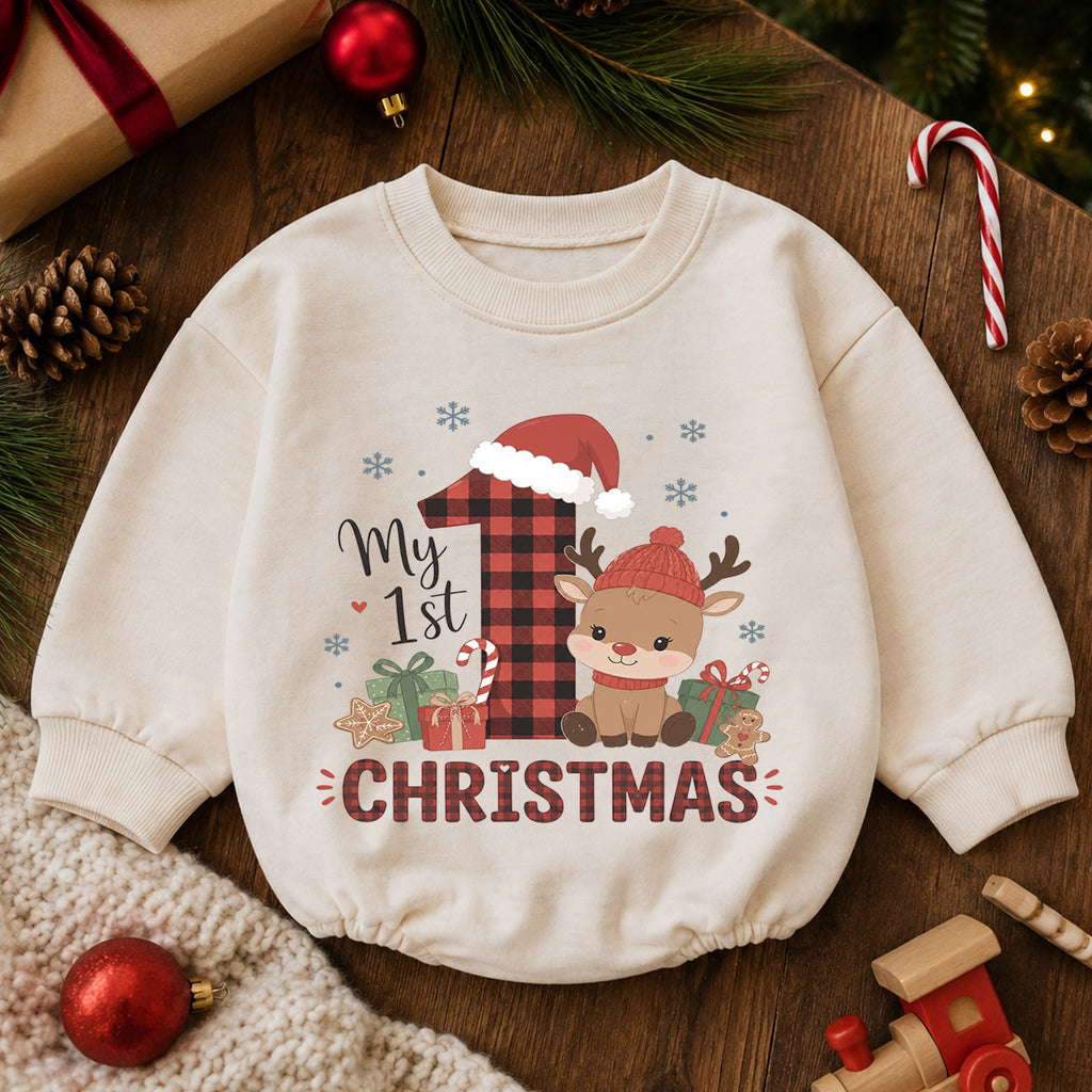 My 1st Christmas Reindeer Baby Romper, Buffalo Plaid Holiday Outfit, Baby First Christmas Clothes, Toddler Xmas Gift — product view 6