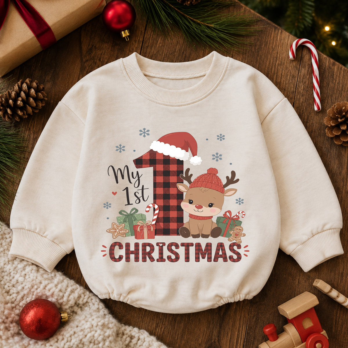 My 1st Christmas Reindeer Baby Romper, Buffalo Plaid Holiday Outfit, Baby First Christmas Clothes, Toddler Xmas Gift — product view 6
