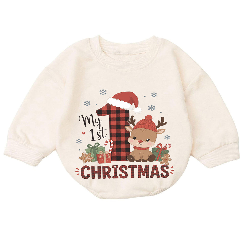 My 1st Christmas Reindeer Baby Romper, Buffalo Plaid Holiday Outfit, Baby First Christmas Clothes, Toddler Xmas Gift — product view 7