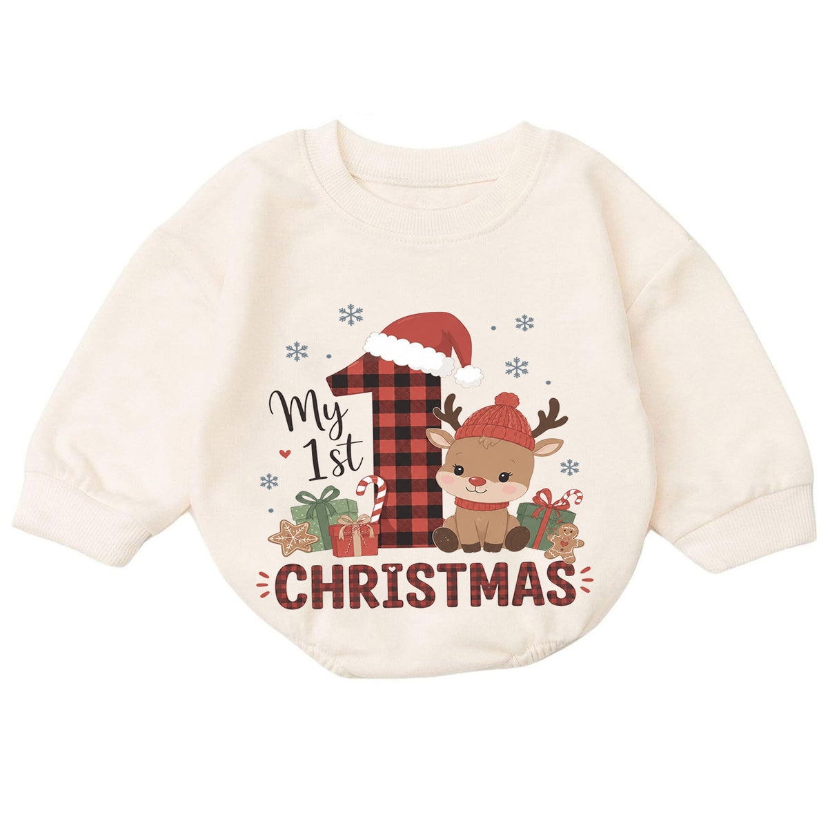 My 1st Christmas Reindeer Baby Romper, Buffalo Plaid Holiday Outfit, Baby First Christmas Clothes, Toddler Xmas Gift — product view 7