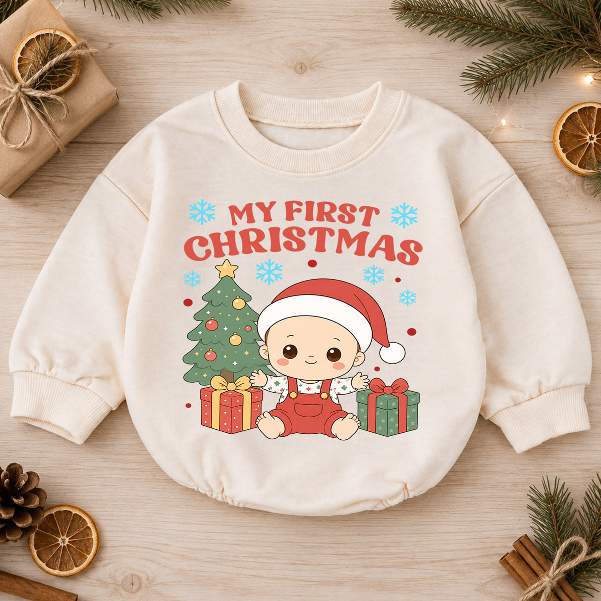 Baby Christmas Romper, My First Christmas Santa Outfit, Cute Holiday Romper, Toddler Xmas Gift, 1st Christmas Keepsake — product view 1