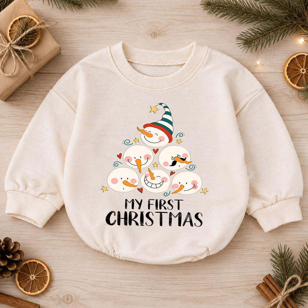 My First Christmas Snowman Baby Romper, Cute Snowman Holiday Outfit, Baby First Christmas Clothes, Toddler Xmas Gift — product view 1