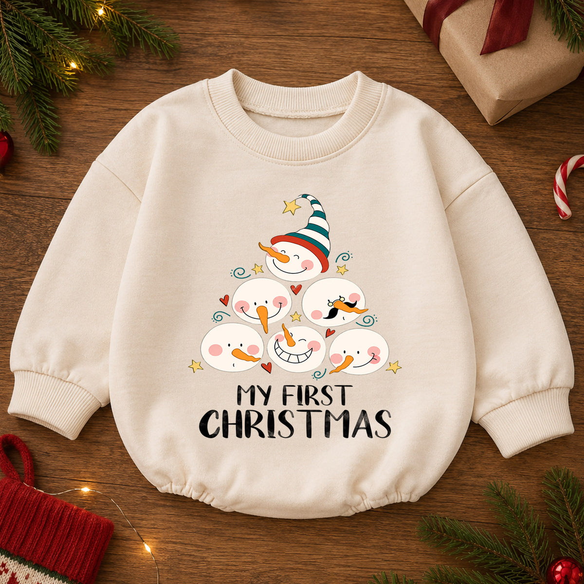 My First Christmas Snowman Baby Romper, Cute Snowman Holiday Outfit, Baby First Christmas Clothes, Toddler Xmas Gift — product view 2