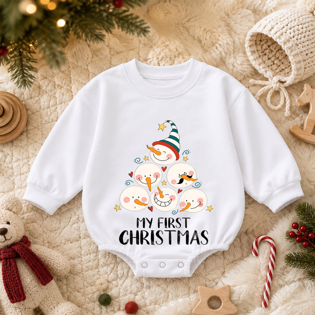 My First Christmas Snowman Baby Romper, Cute Snowman Holiday Outfit, Baby First Christmas Clothes, Toddler Xmas Gift — product view 3