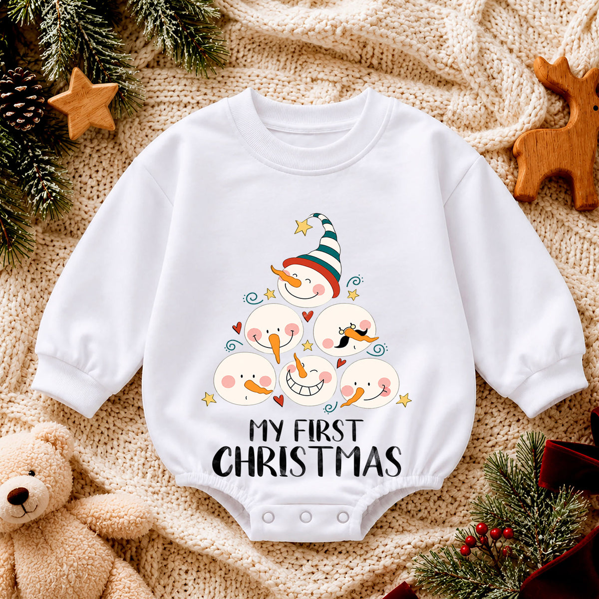 My First Christmas Snowman Baby Romper, Cute Snowman Holiday Outfit, Baby First Christmas Clothes, Toddler Xmas Gift — product view 4