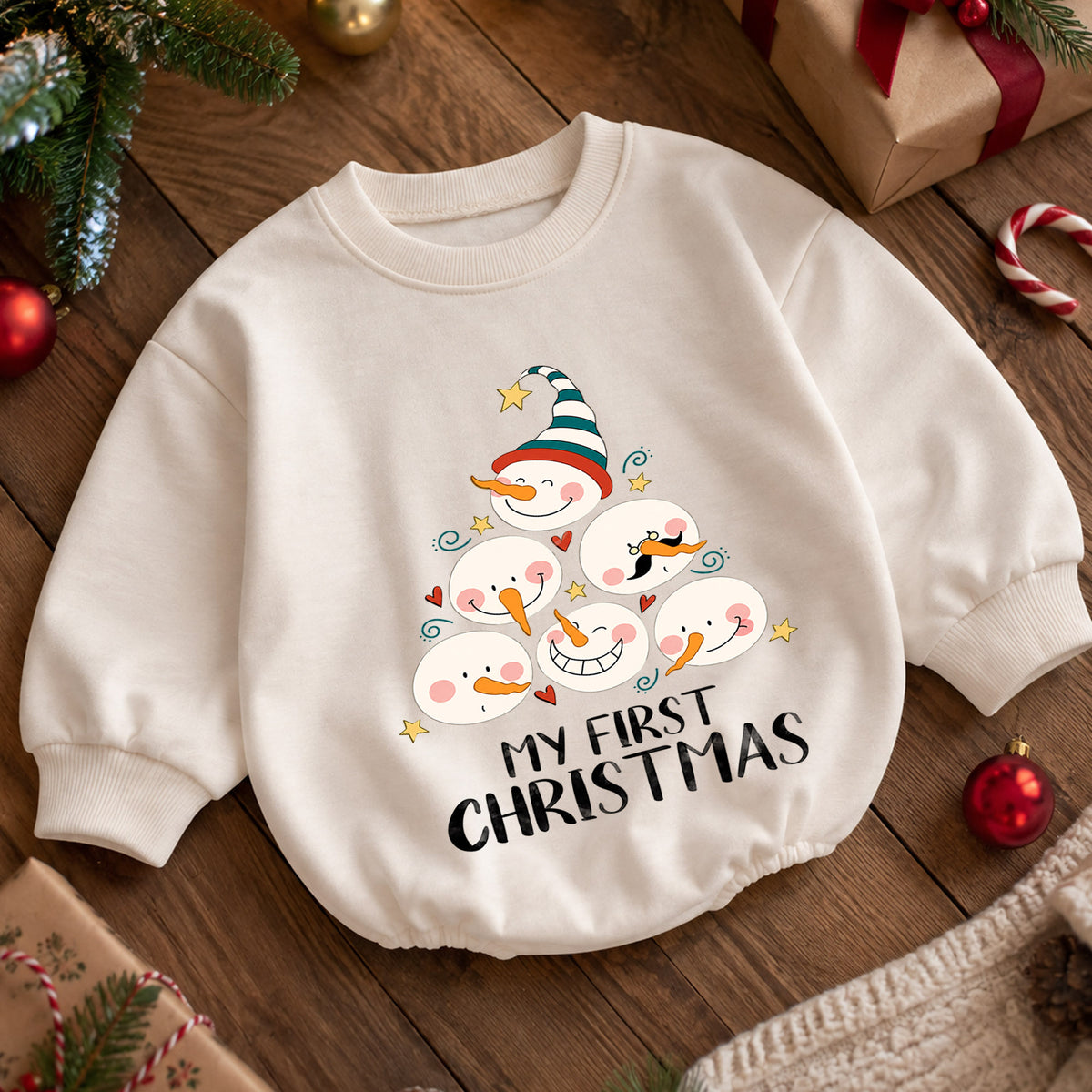 My First Christmas Snowman Baby Romper, Cute Snowman Holiday Outfit, Baby First Christmas Clothes, Toddler Xmas Gift — product view 5